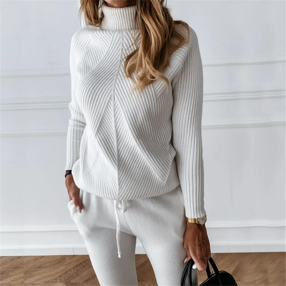 Tracksuit Striped Turtleneck Knitted Sweater Two Piece Set