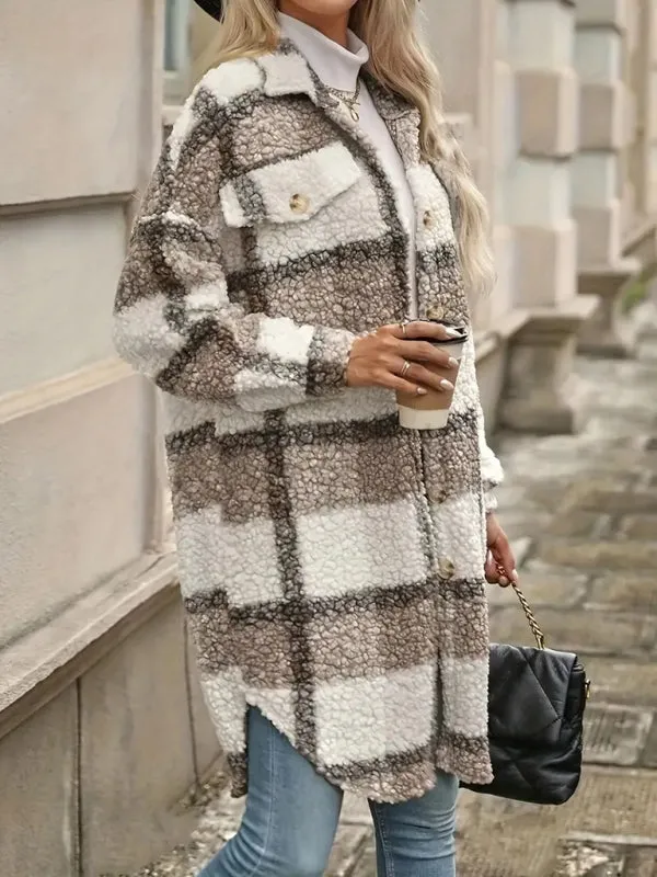 Trendy Bold Checkered Plush Longline Jacket for Women