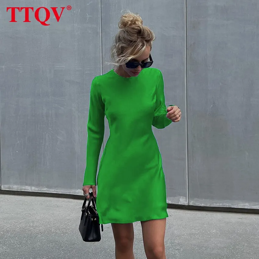 TTQV Casual Blue O-neck Mini Dress Ladies Autumn Long Sleeve Slim Bodycon Dress Elegant Classic Party Dresses For Women 2022