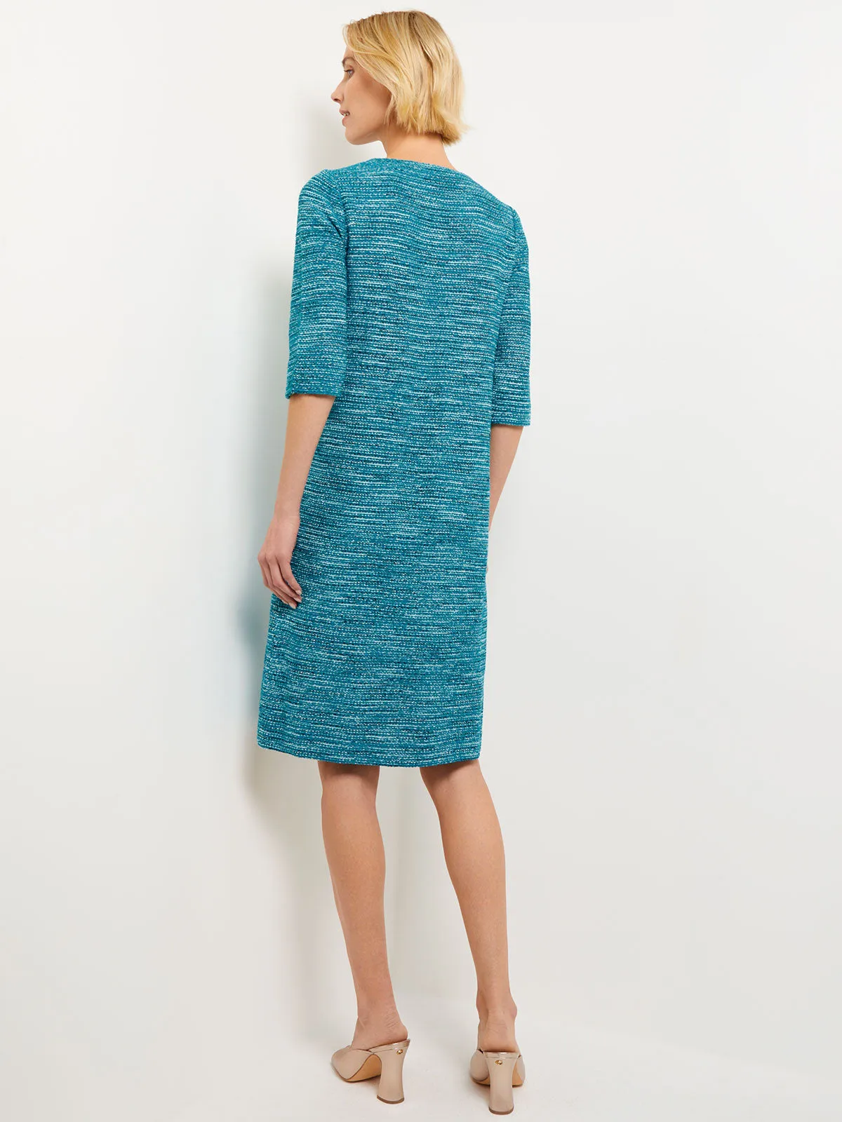 Tweed Knit Shift Dress with Pockets, French Blue