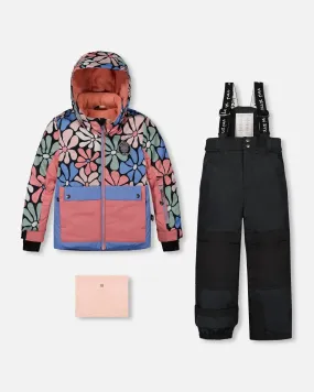 Two Piece Snowsuit Printed Retro Flowers With Black