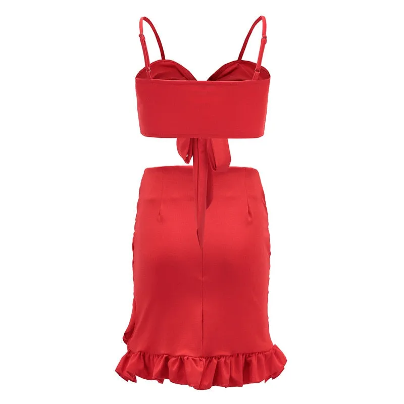 Two Pieces Set Women Ruffles Bow Casual Beach Summer Red Off Shoulder Sexy Club Bodycon Wrap Mini Party Dress