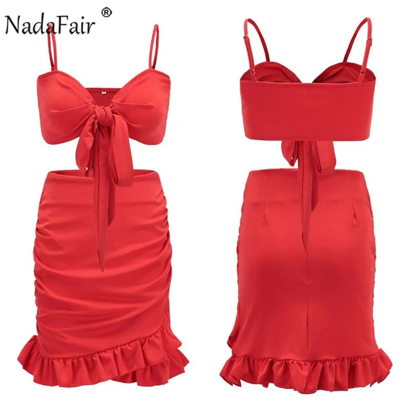 Two Pieces Set Women Ruffles Bow Casual Beach Summer Red Off Shoulder Sexy Club Bodycon Wrap Mini Party Dress