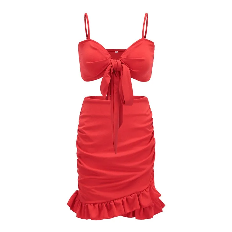 Two Pieces Set Women Ruffles Bow Casual Beach Summer Red Off Shoulder Sexy Club Bodycon Wrap Mini Party Dress