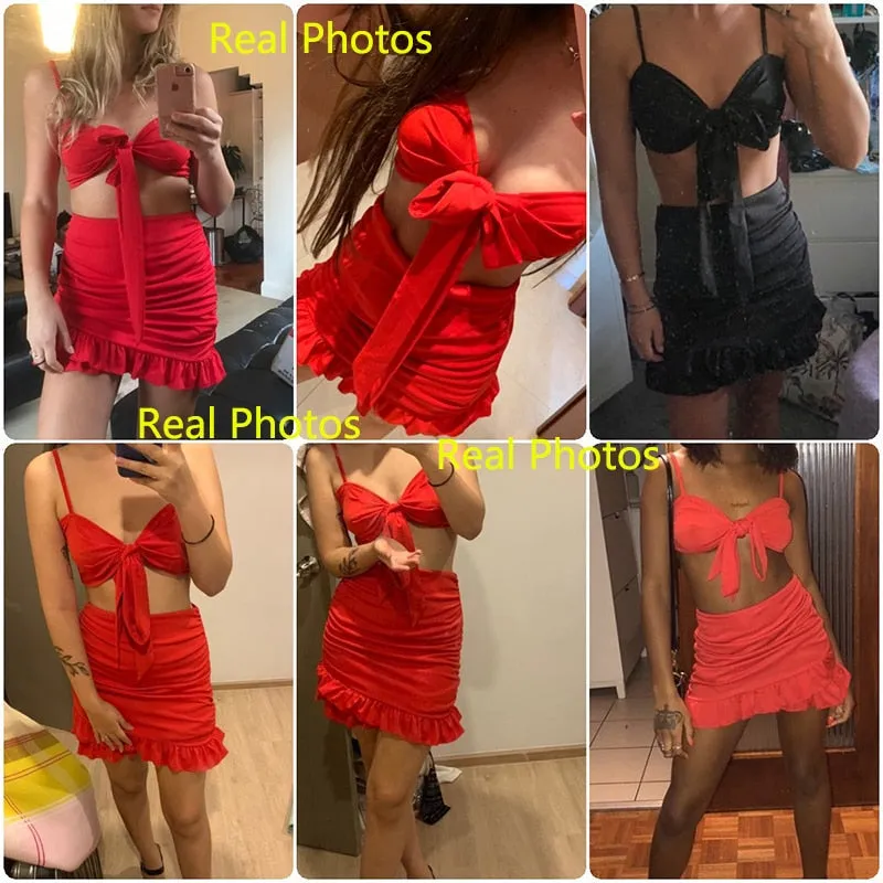 Two Pieces Set Women Ruffles Bow Casual Beach Summer Red Off Shoulder Sexy Club Bodycon Wrap Mini Party Dress