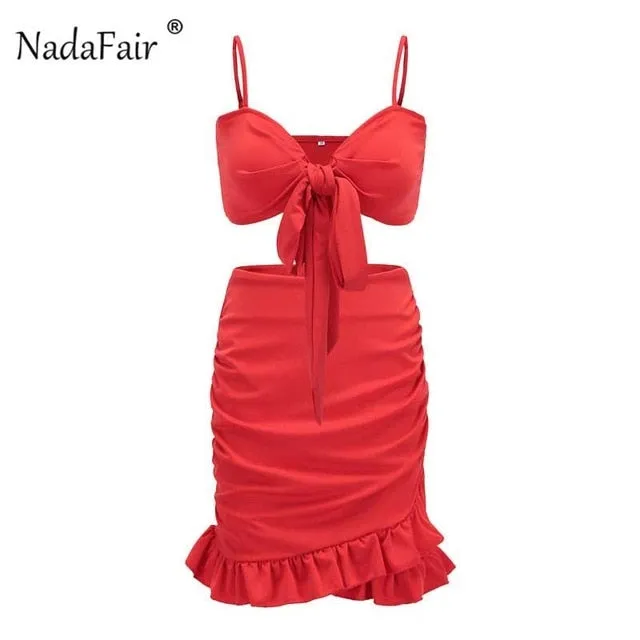 Two Pieces Set Women Ruffles Bow Casual Beach Summer Red Off Shoulder Sexy Club Bodycon Wrap Mini Party Dress