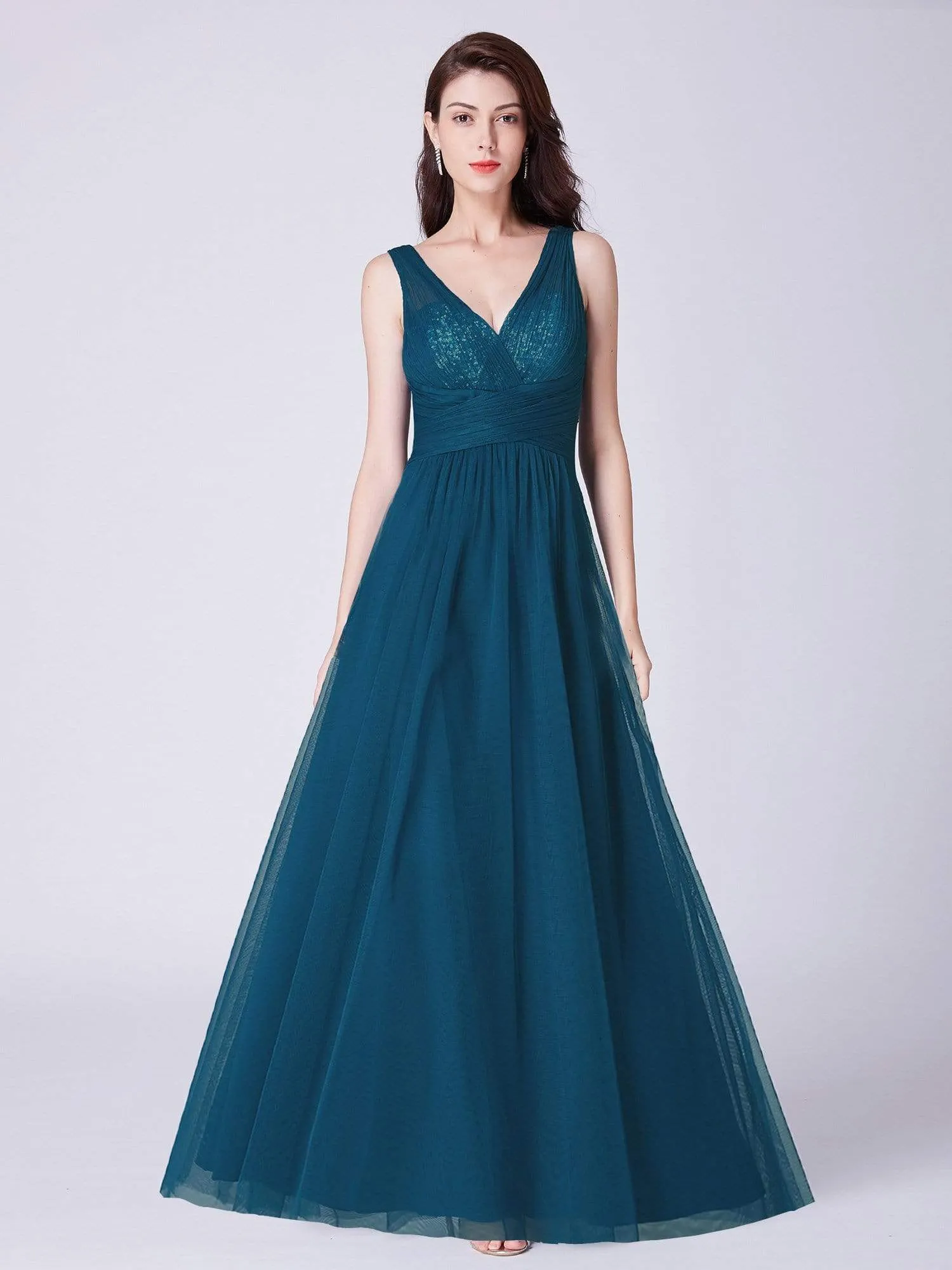 V Neck Ruched Waist Long Tulle Bridesmaid Dress