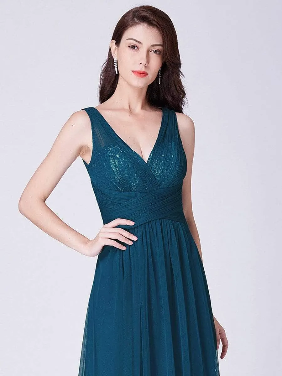 V Neck Ruched Waist Long Tulle Bridesmaid Dress