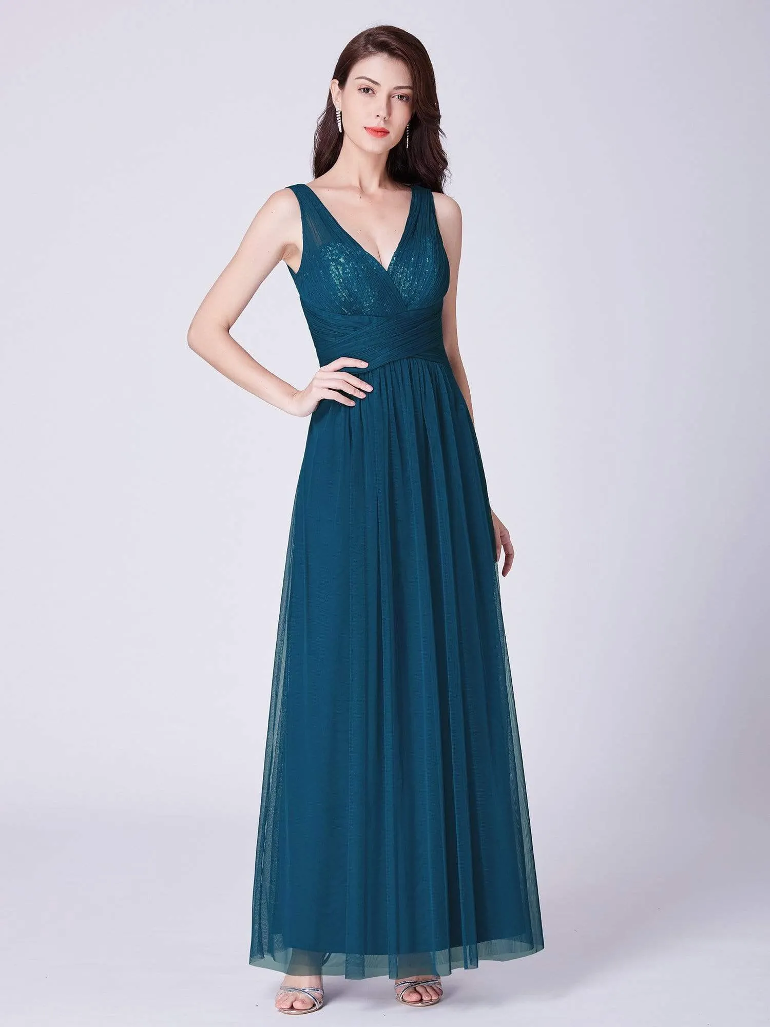 V Neck Ruched Waist Long Tulle Bridesmaid Dress