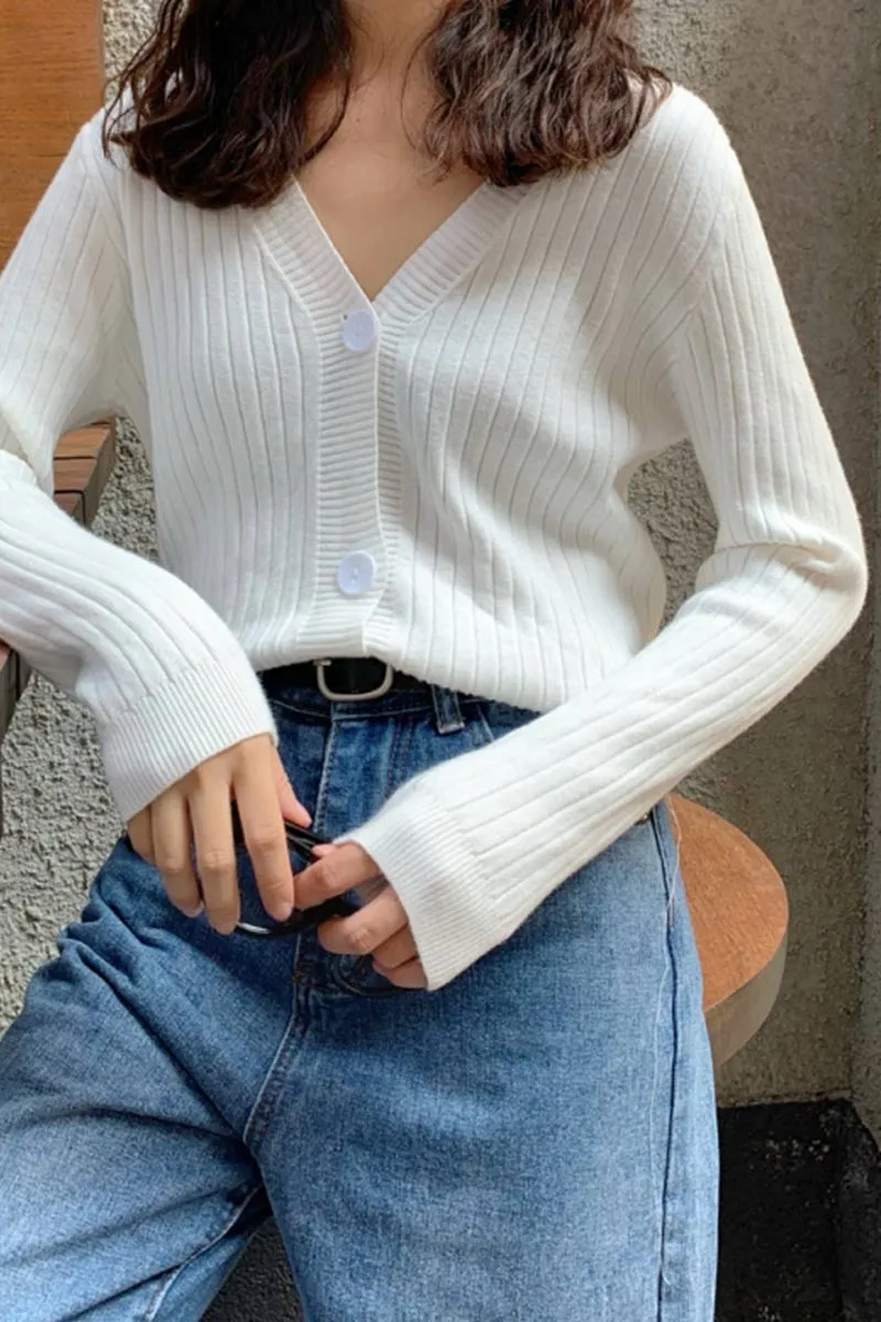 V-neckline Ribbed Button Cardigan