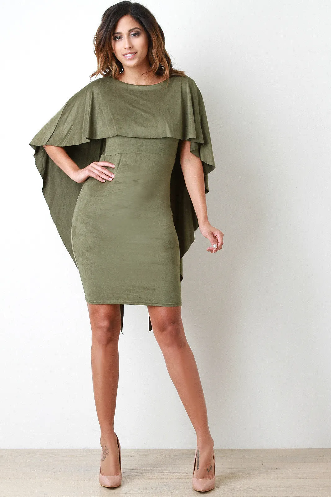 Vegan Suede Cape Bodycon Dress