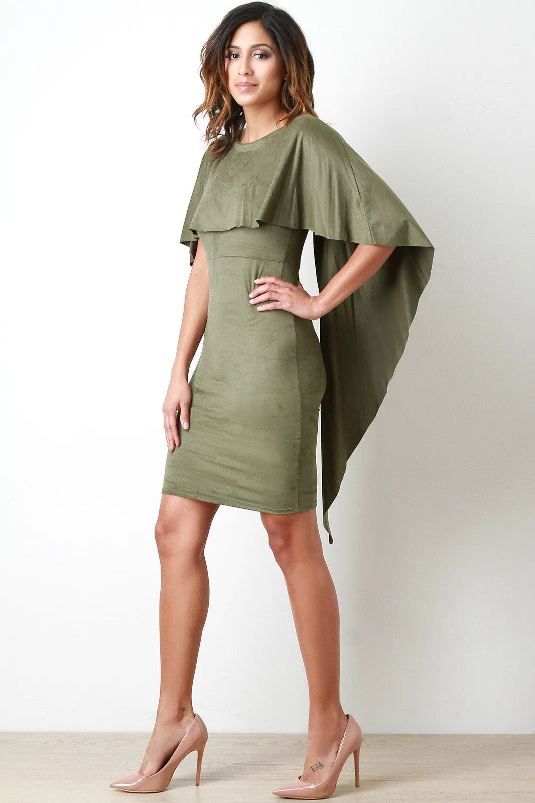 Vegan Suede Cape Bodycon Dress