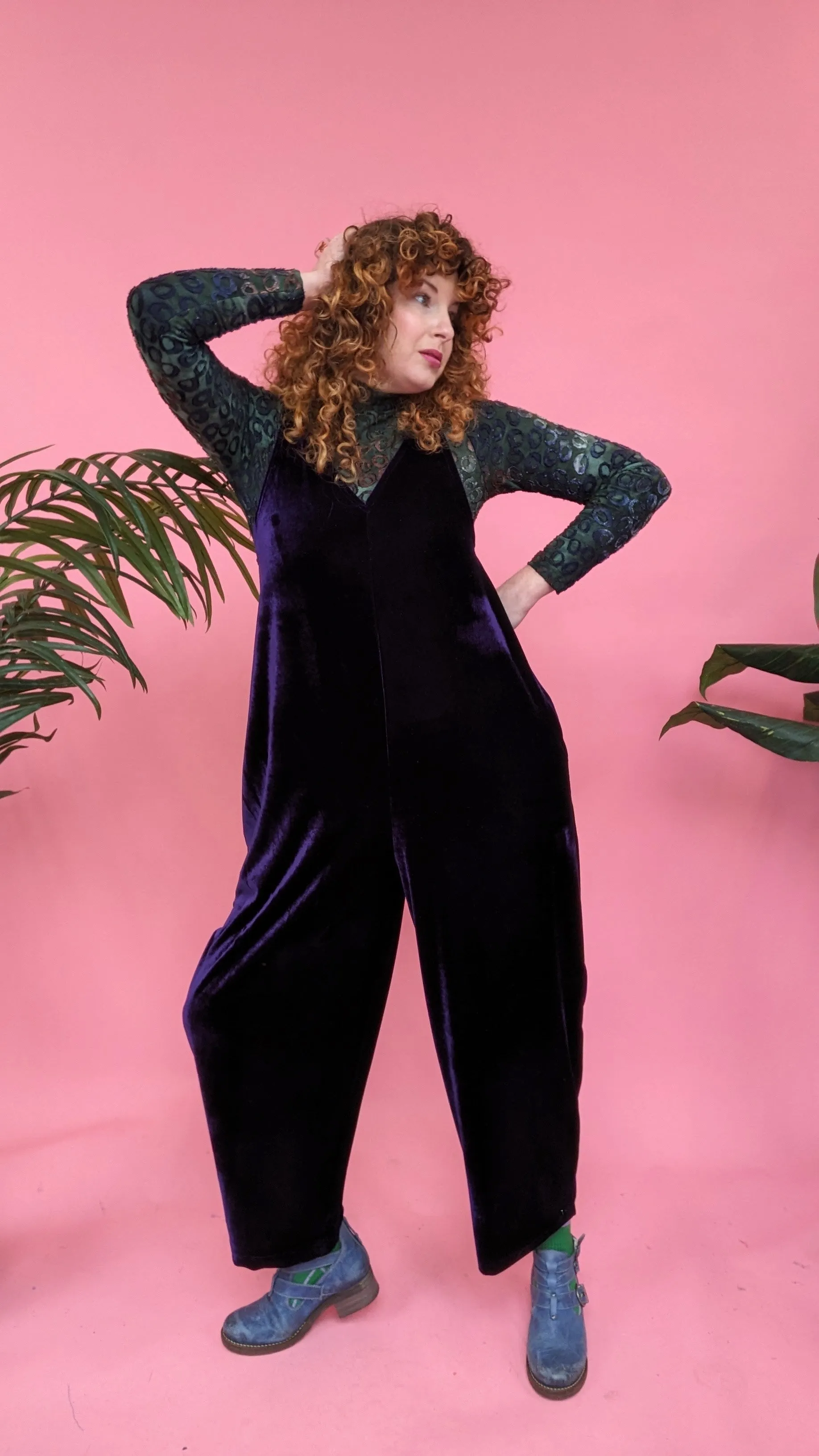 Velvet Dungaree Jumpsuit in Midnight