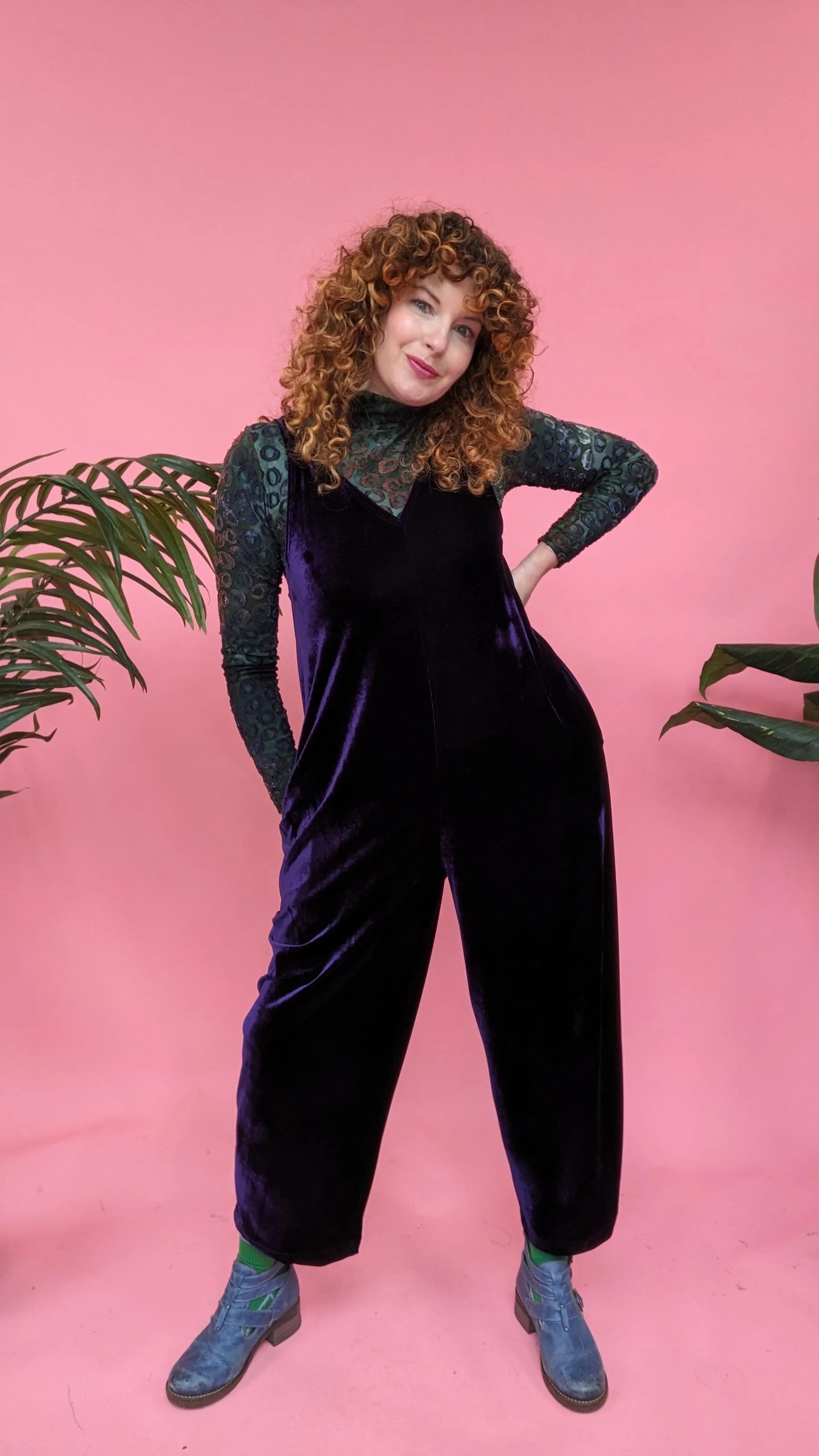 Velvet Dungaree Jumpsuit in Midnight