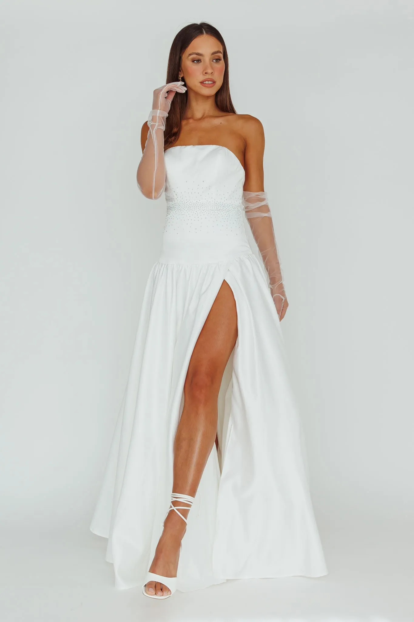 Verily Diamante Drop Waist Maxi Dress White