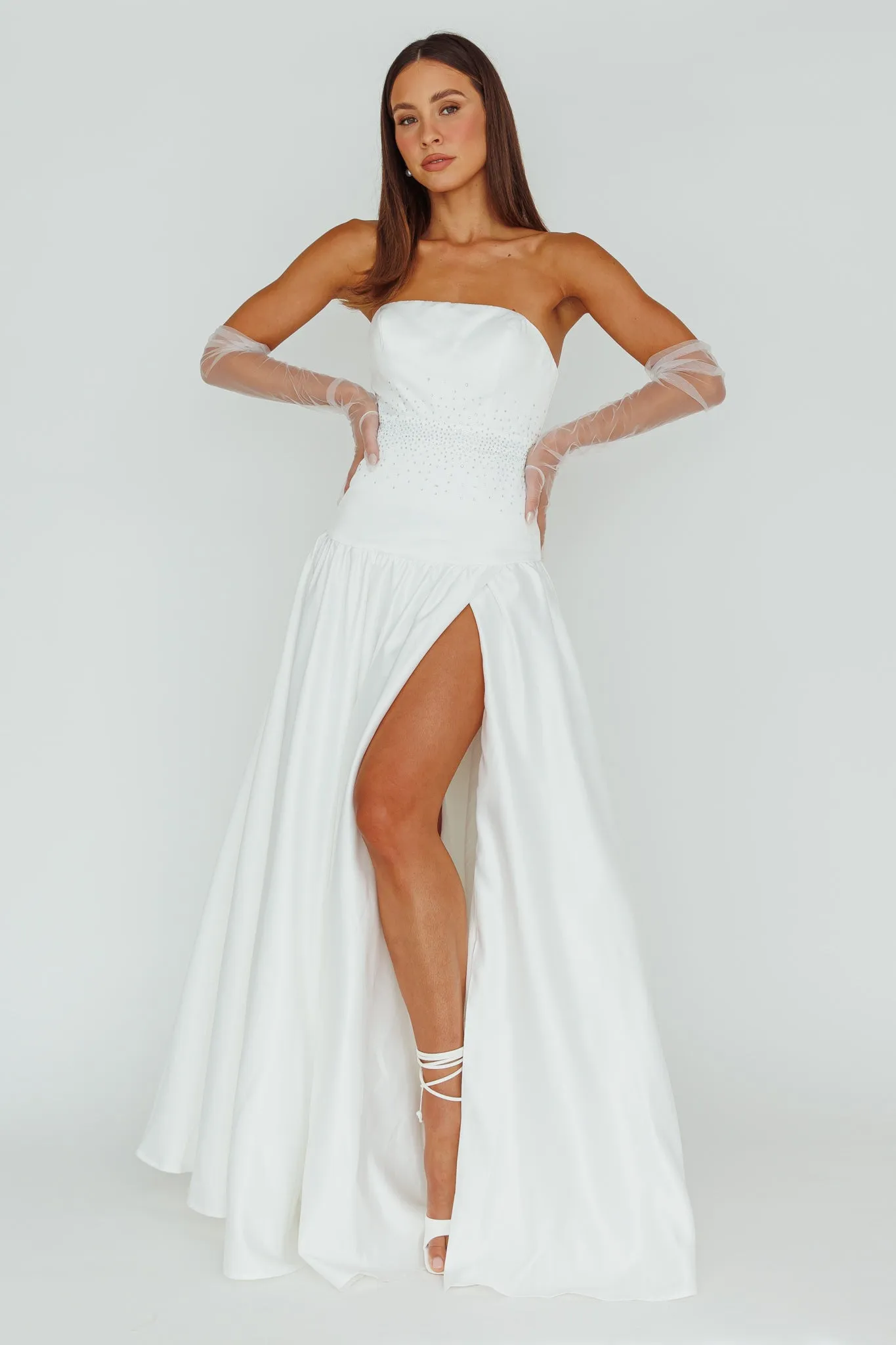 Verily Diamante Drop Waist Maxi Dress White