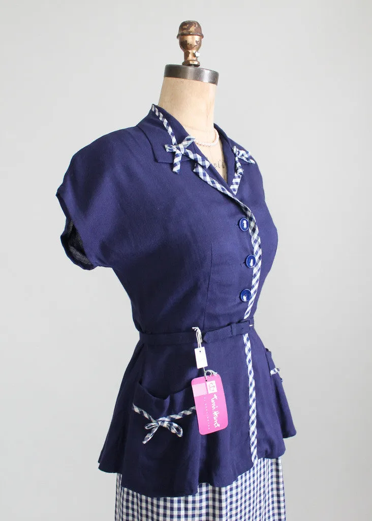 Vintage 1950s Navy and White Gingham Sundress and Peplum Jacket