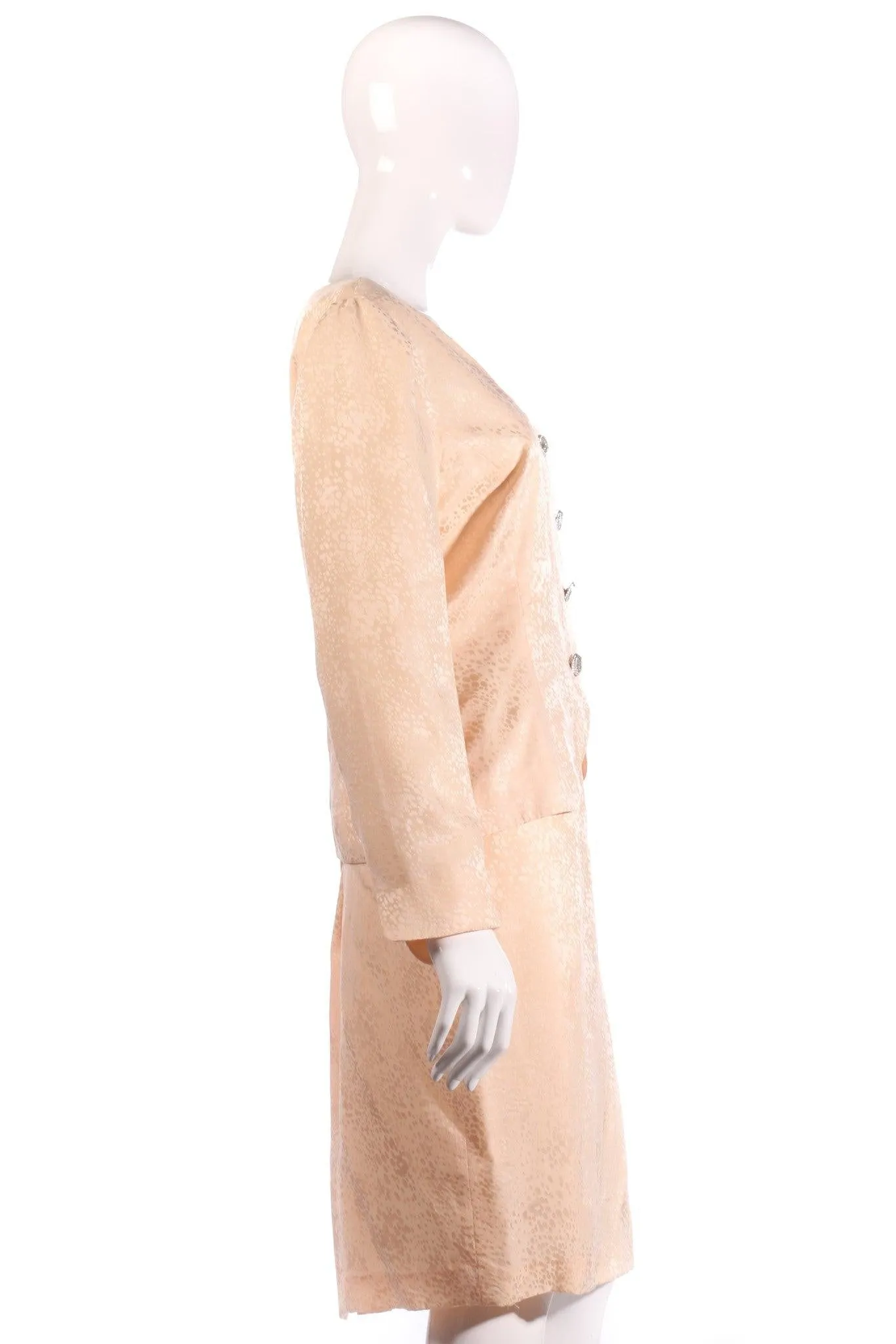 Vintage 1980's Skirt Suit Peach 100% Silk with Diamonte Buttons Size 12