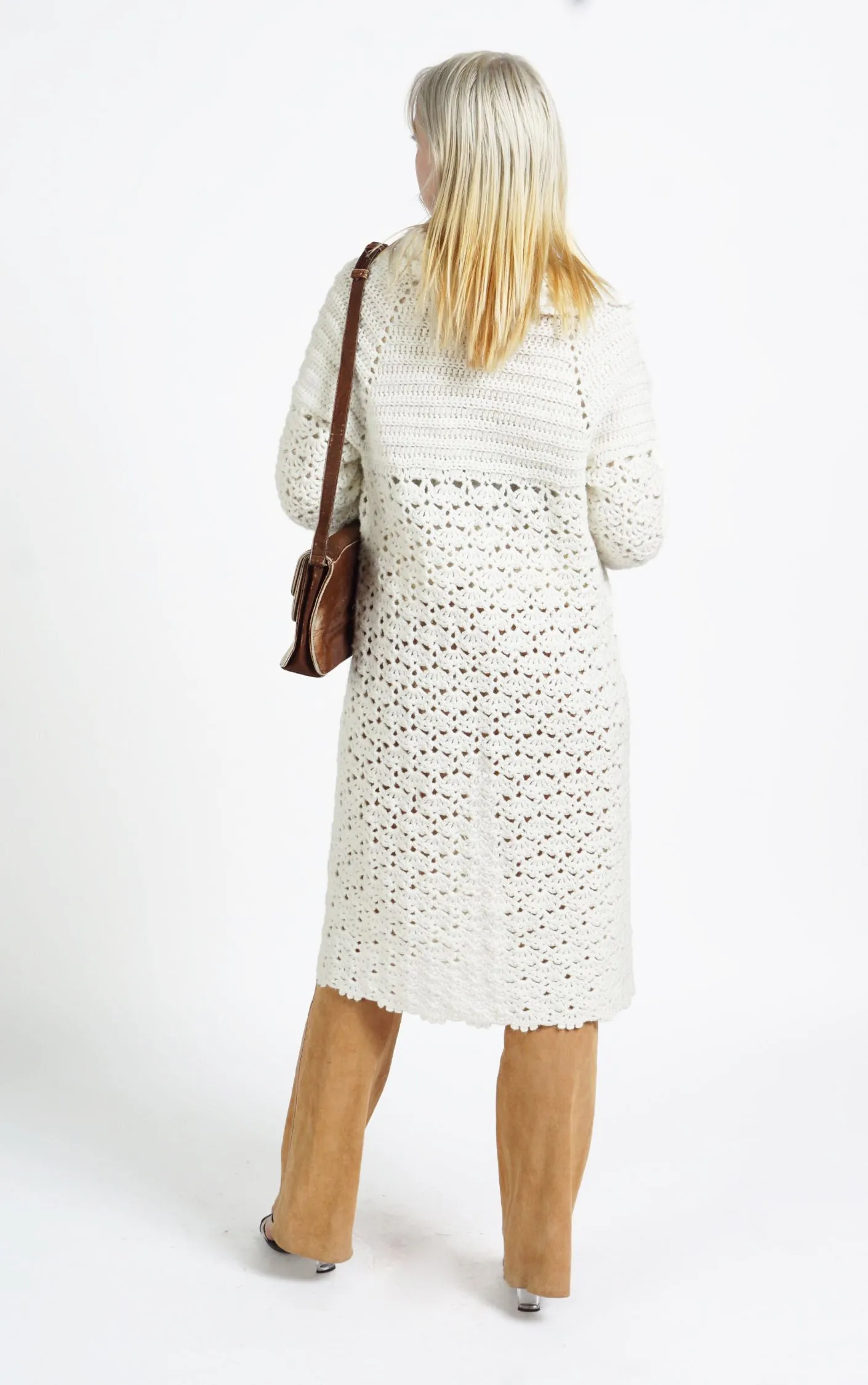 VINTAGE White Crochet Knitted Boho Long Cardigan