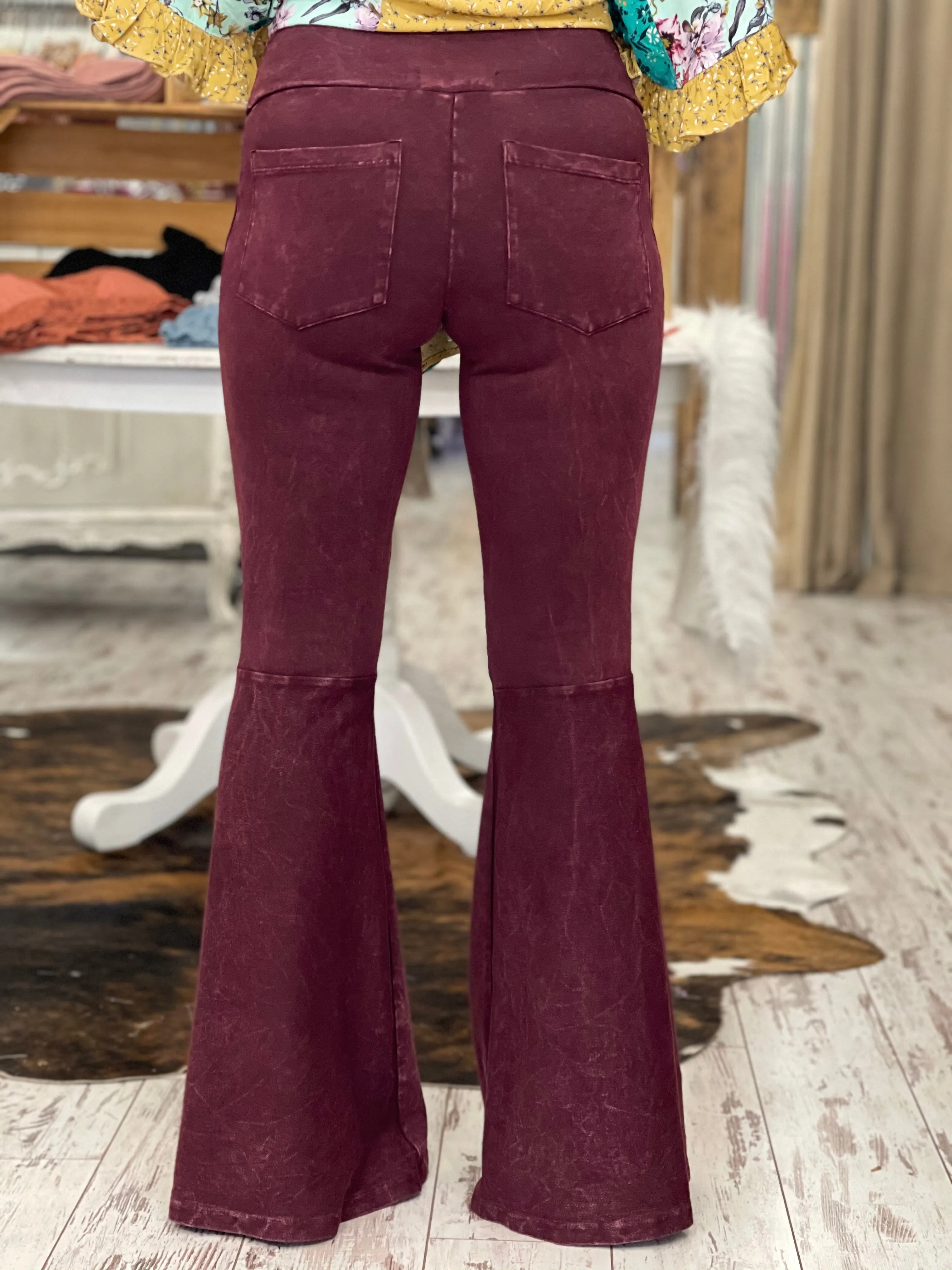 Washed Bell Bottom Flare Pants with Pockets in Burgundy