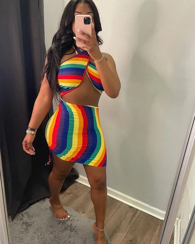 Wenkouban   Sexy Rainbow Striped Tie Dye Halter Bodycon Dress Backless Women's Boobs Wrap Pencil Mini Dresses Party Night Clubwear Summer