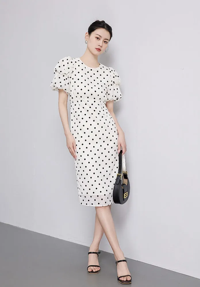 White Bubble Sleeves Polka Dot Dress