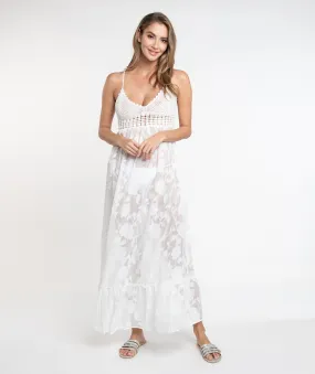 White Ombre Maxi Dress with Floral Lace and Crochet Detail