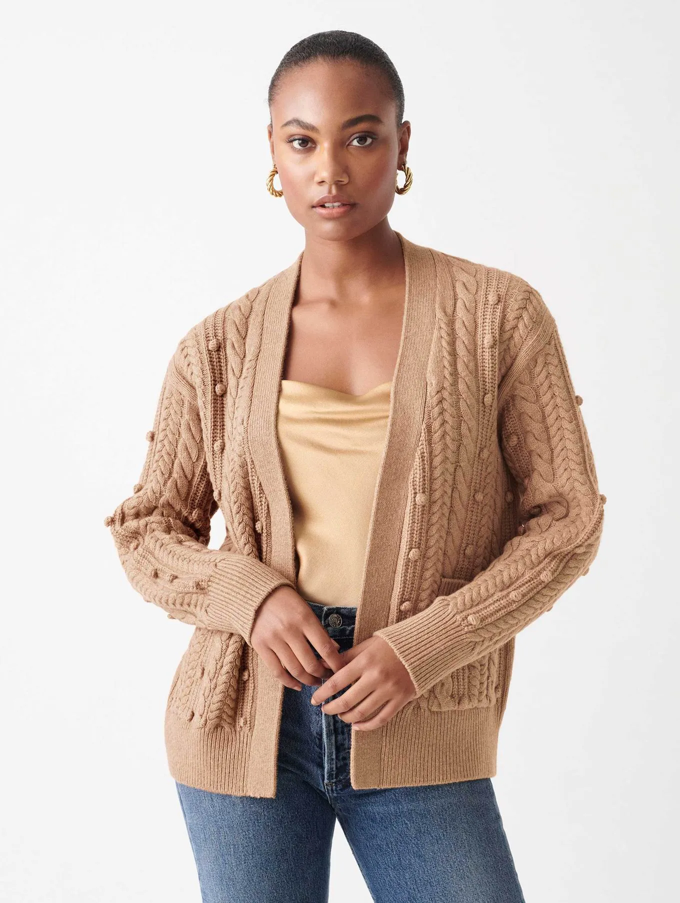 White   Warren - Sustainable Cotton Bobble Stitch Cardigan in Camel