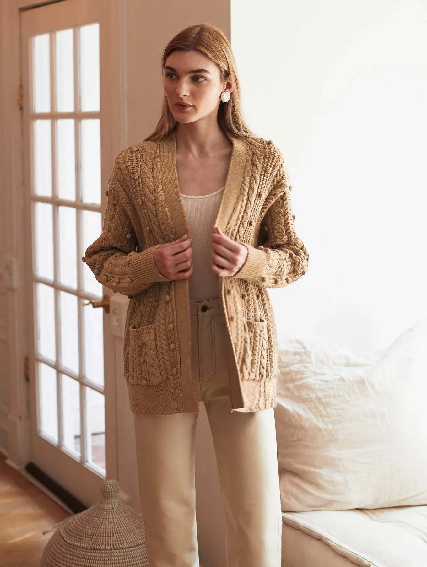 White   Warren - Sustainable Cotton Bobble Stitch Cardigan in Camel