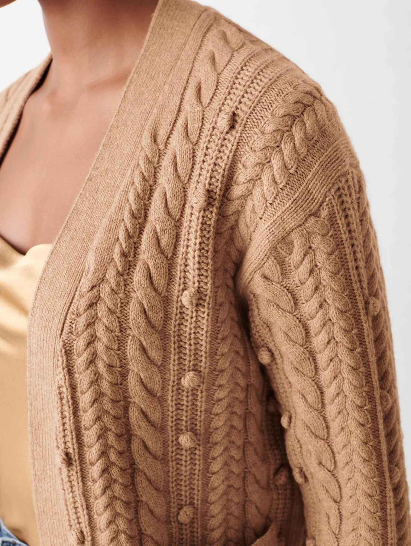 White   Warren - Sustainable Cotton Bobble Stitch Cardigan in Camel