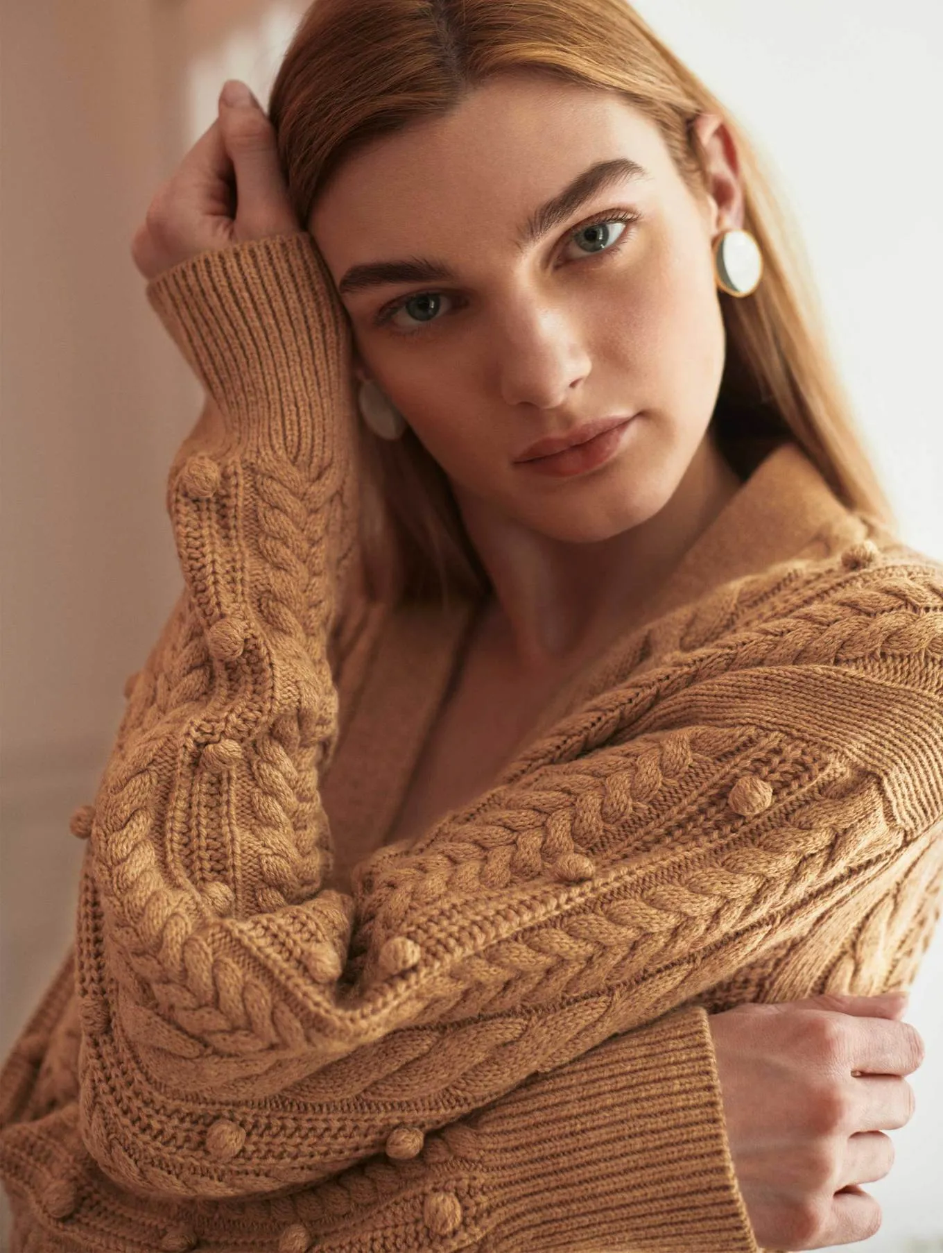 White   Warren - Sustainable Cotton Bobble Stitch Cardigan in Camel