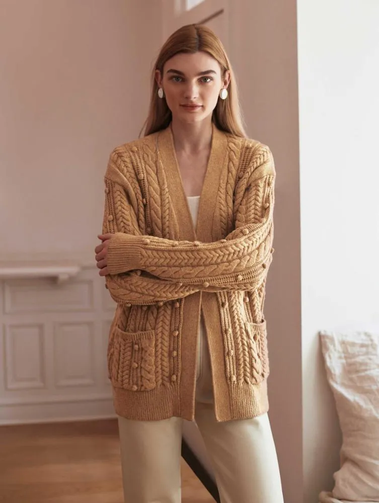 White   Warren - Sustainable Cotton Bobble Stitch Cardigan in Camel