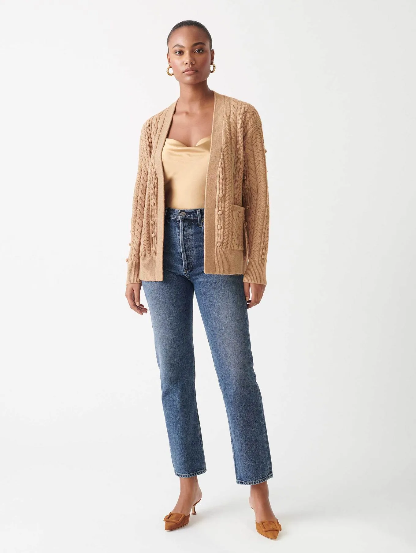 White   Warren - Sustainable Cotton Bobble Stitch Cardigan in Camel