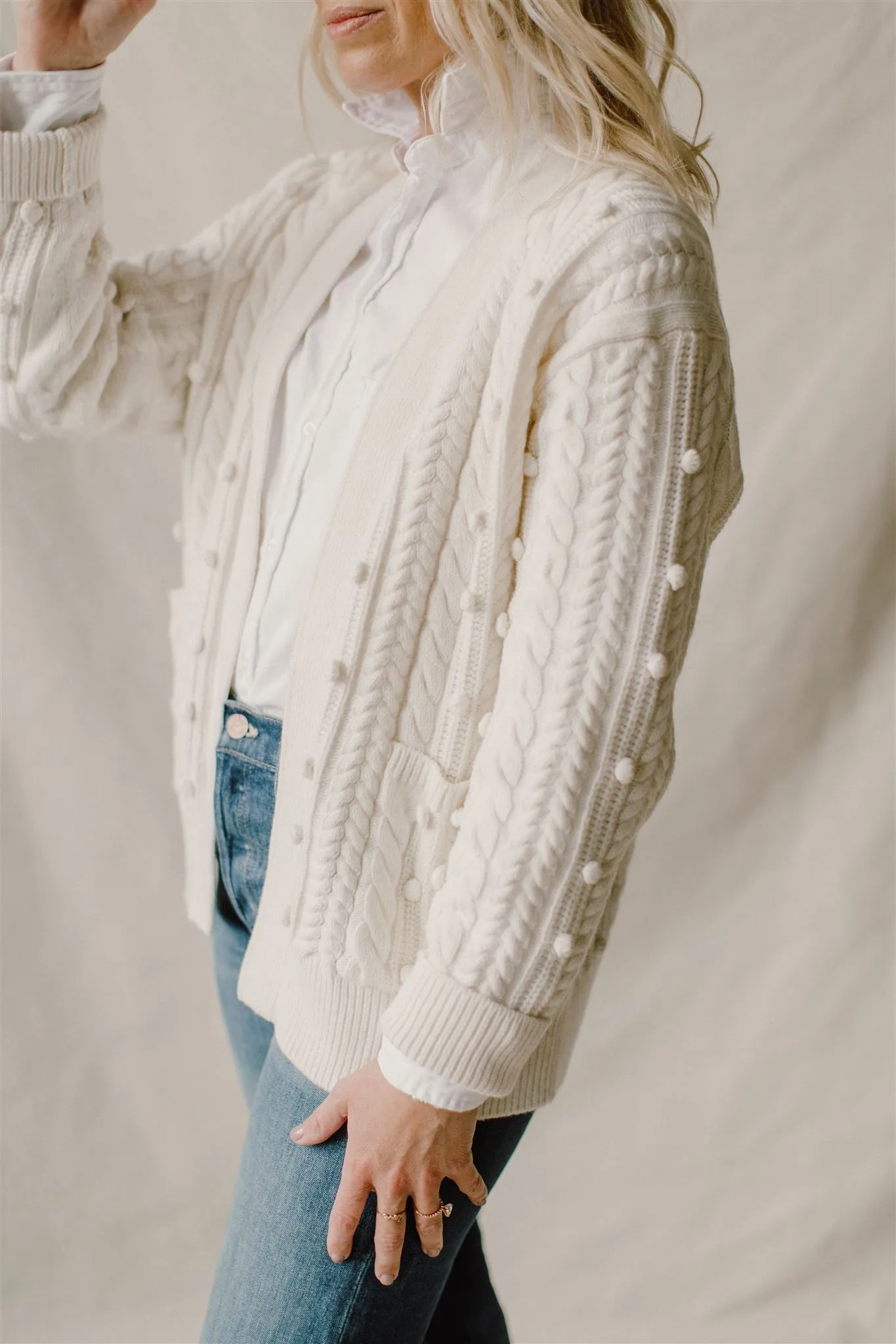 White   Warren - Sustainable Cotton Bobble Stitch Cardigan in White