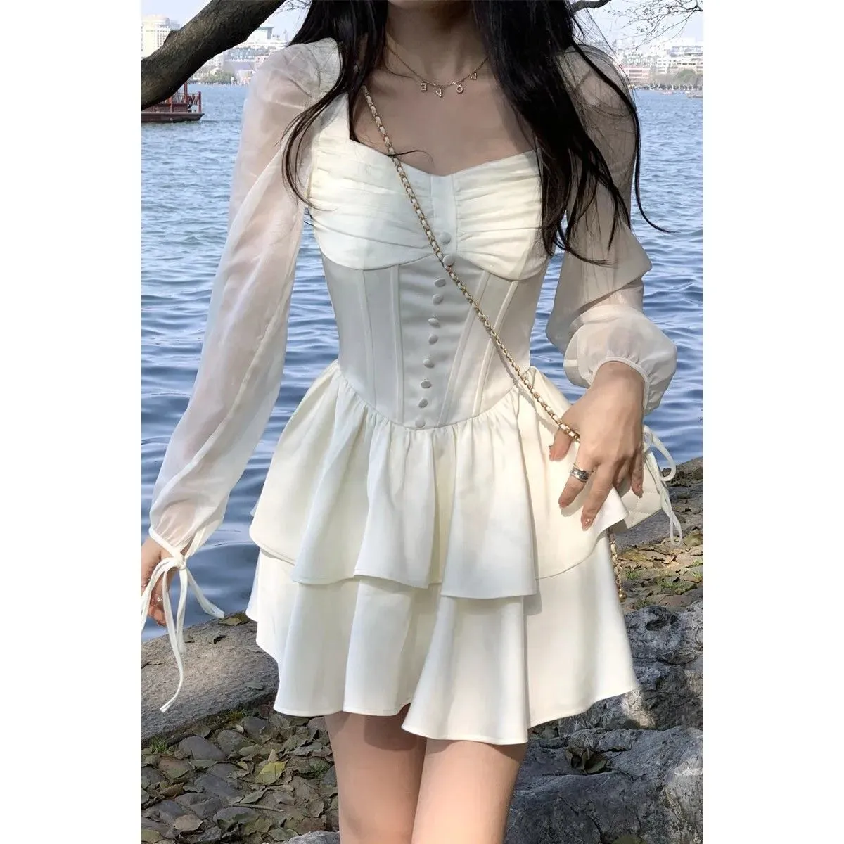 White Wrap Mini Dress Women Vintage Mesh Bodycon Ruffles Square Collar Short Dresses Casual Autumn Korean Fashion