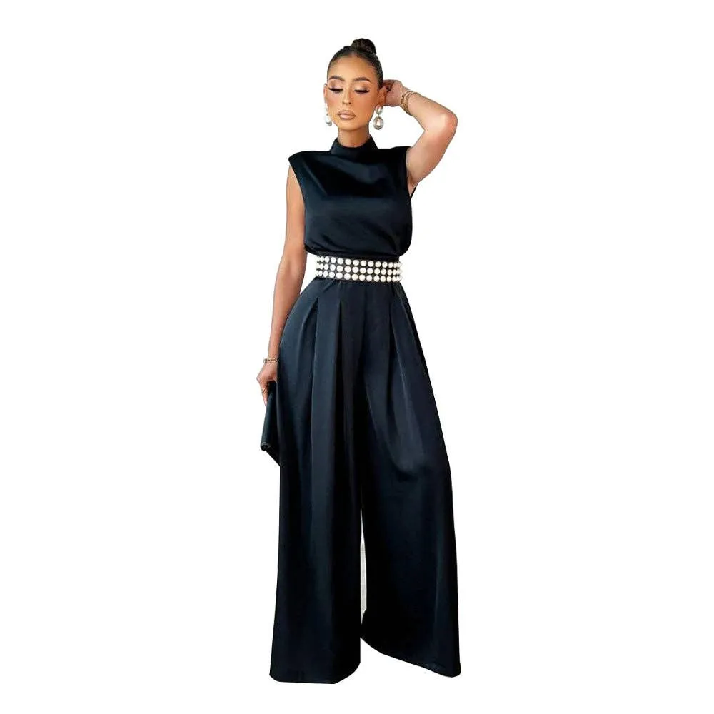 Wide Leg Pants Solid Color Turtleneck Sleeveless Fitted Waist Jumpsuit