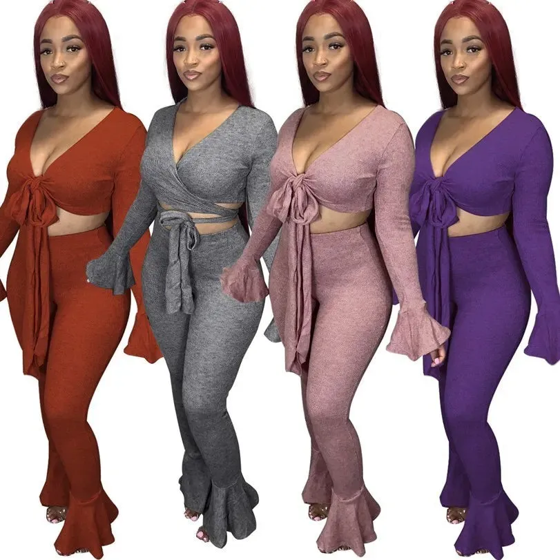 Women 2 piece set S-2XL jacket jumpsuits flare pants fall winter casual clothing bandage sweatsuit crop top designer outfits yoga cardigan capris