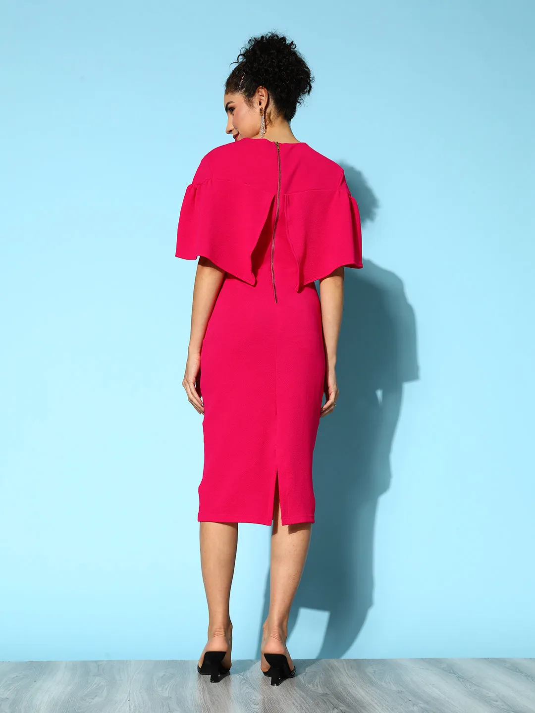 Women Fuchsia Frill Cape Bodycon Dress