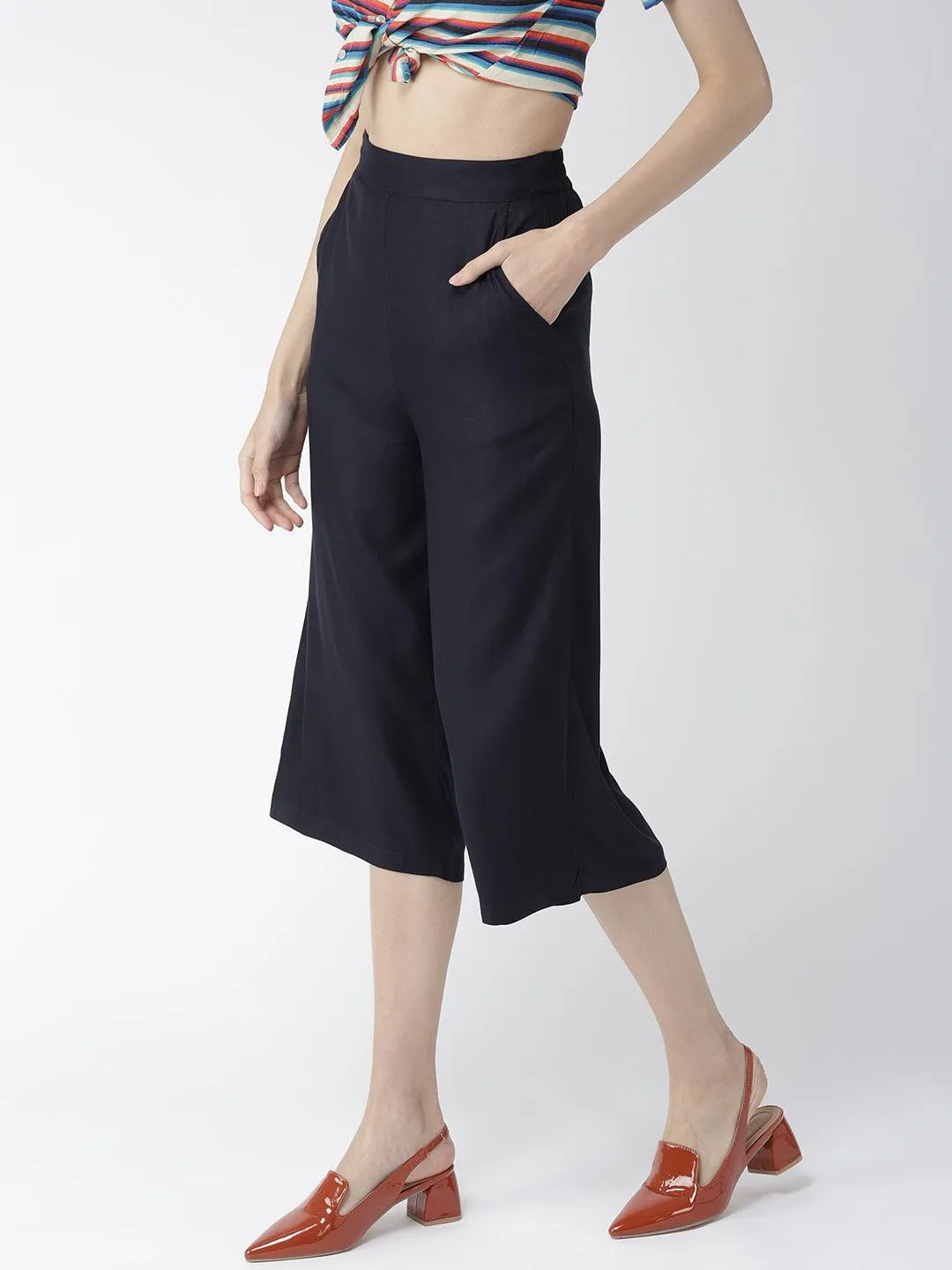 Women Navy Blue Original Loose Fit Solid Culottes