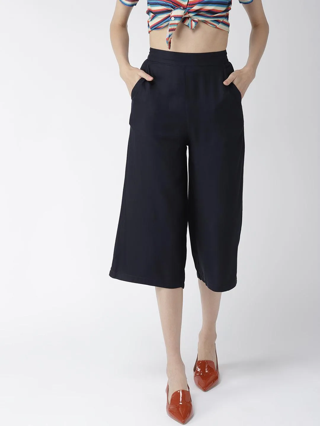 Women Navy Blue Original Loose Fit Solid Culottes