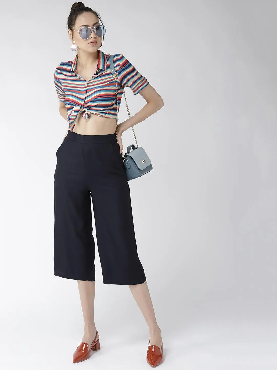 Women Navy Blue Original Loose Fit Solid Culottes