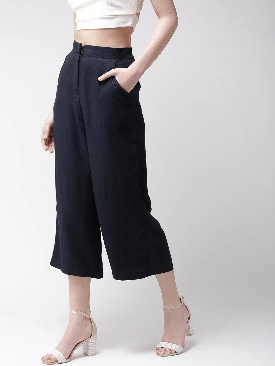 Women Navy Blue Original Loose Fit Solid Culottes