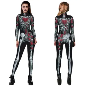 Women Printed Rose Skull Skeleton Catsuit Halloween Costume