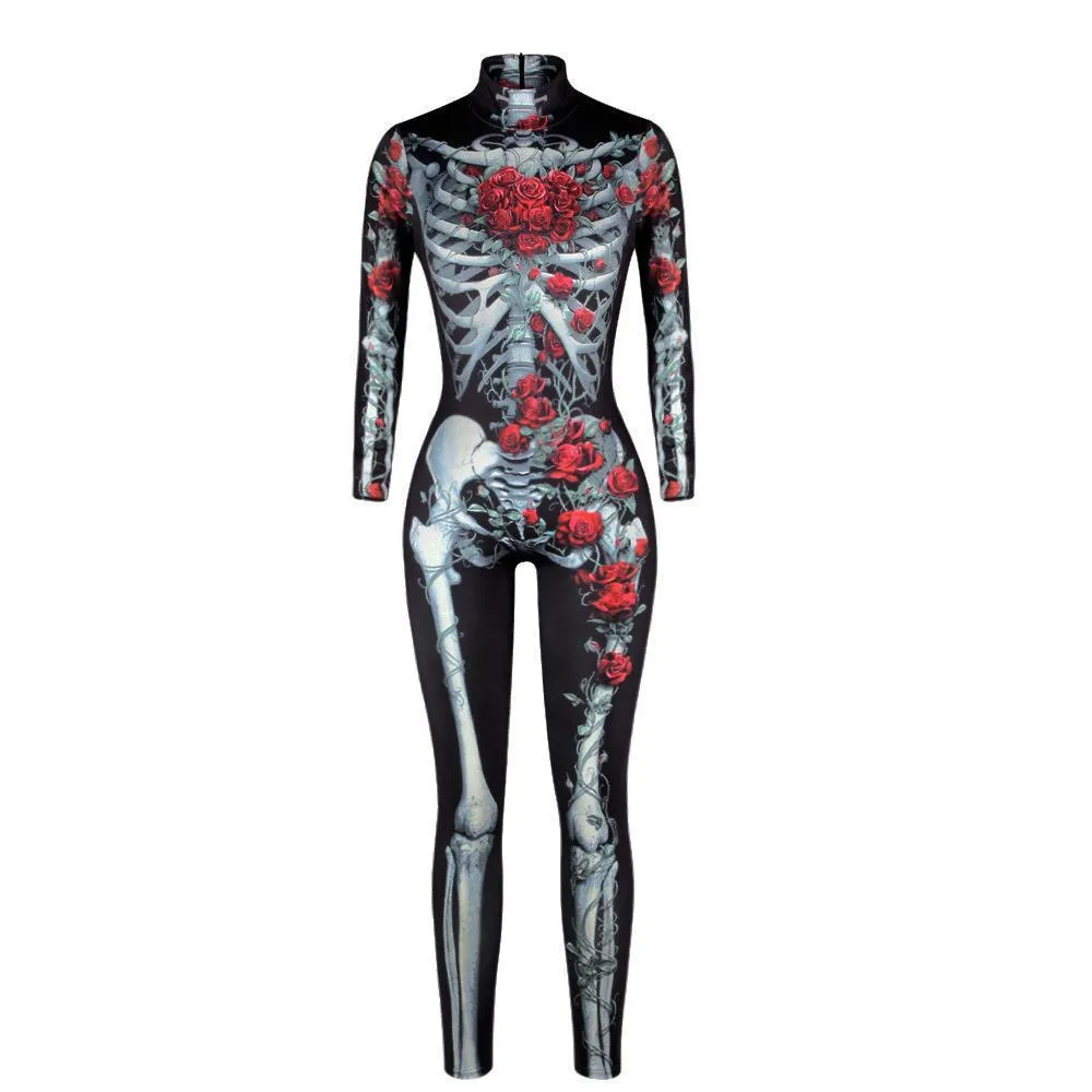 Women Printed Rose Skull Skeleton Catsuit Halloween Costume