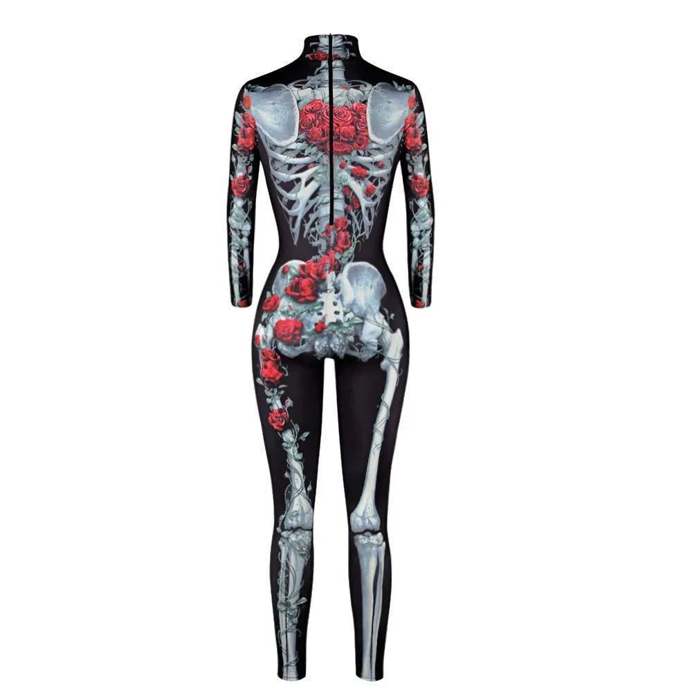 Women Printed Rose Skull Skeleton Catsuit Halloween Costume