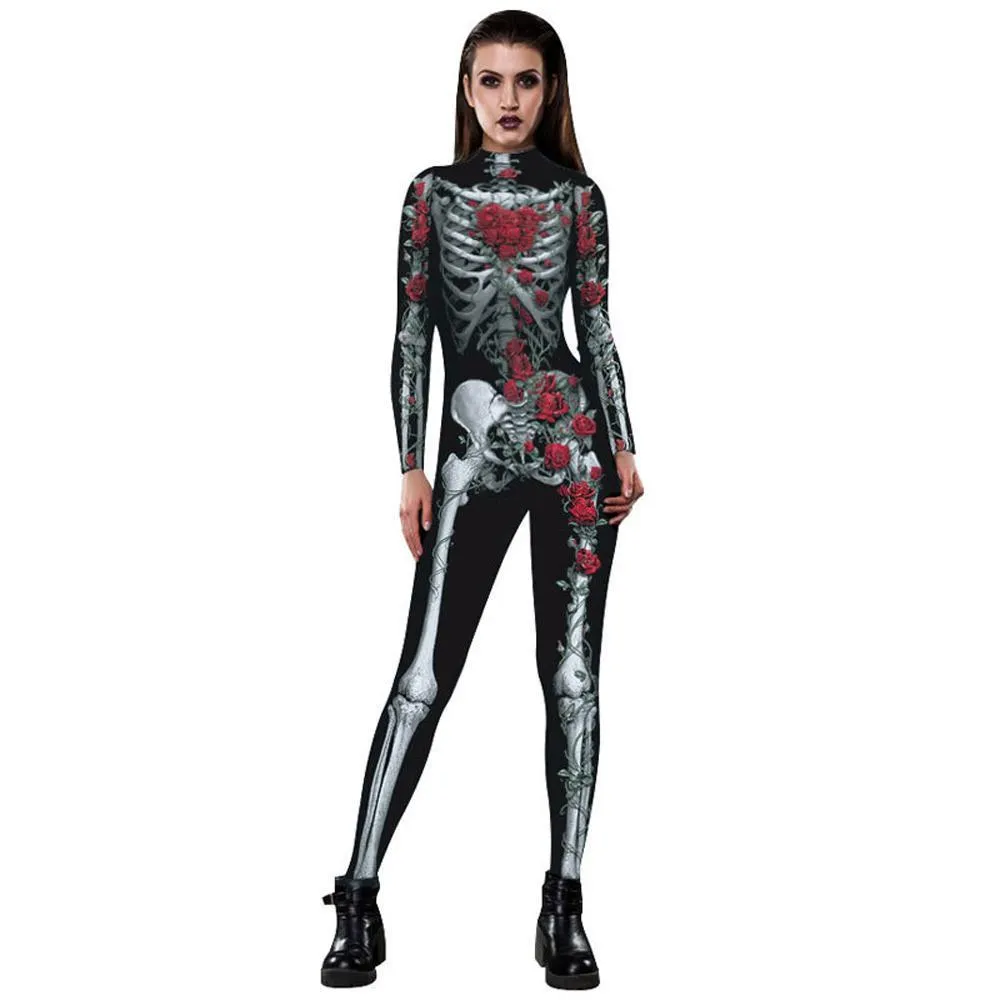 Women Printed Rose Skull Skeleton Catsuit Halloween Costume