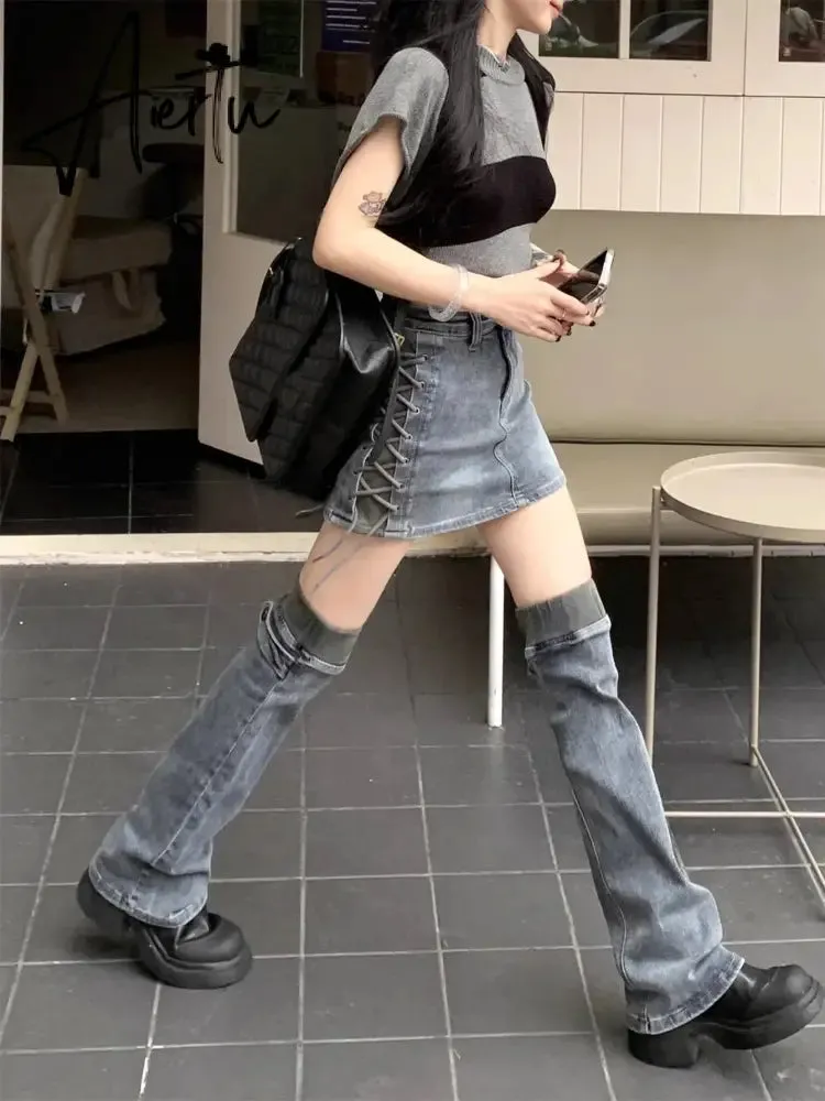 Women Two-piece Skirt Set High Waist Bandage Denim Skirt with Leg Warmers Cyberpunk Y2k Vintage Music Festival Outfits