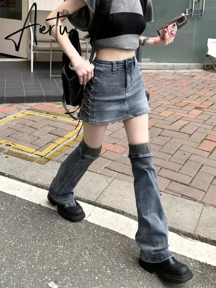 Women Two-piece Skirt Set High Waist Bandage Denim Skirt with Leg Warmers Cyberpunk Y2k Vintage Music Festival Outfits