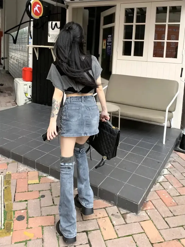 Women Two-piece Skirt Set High Waist Bandage Denim Skirt with Leg Warmers Cyberpunk Y2k Vintage Music Festival Outfits