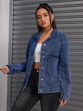 Women's Casual Denim Jacket - Loose Fit, Button-Up Front, Solid Color, Rayon Blend, Non-Stretch Fabric